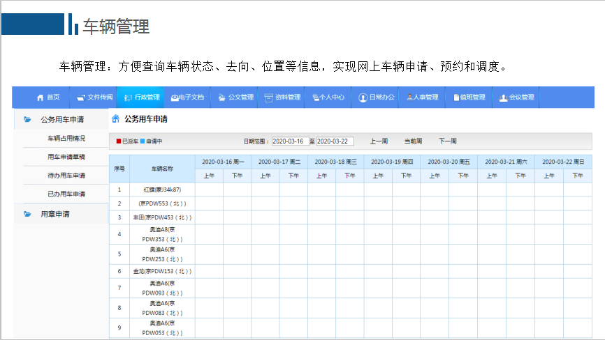 企业应用, 办公管理, 协同OA, 表单流程, 车辆管理, 值班管理, 会议管理