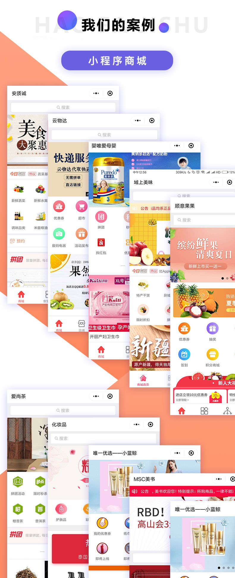 微信服务定制, 小程序定制, 餐饮外卖, 生活服务, 企业展示, 电商零售, 小程序商城